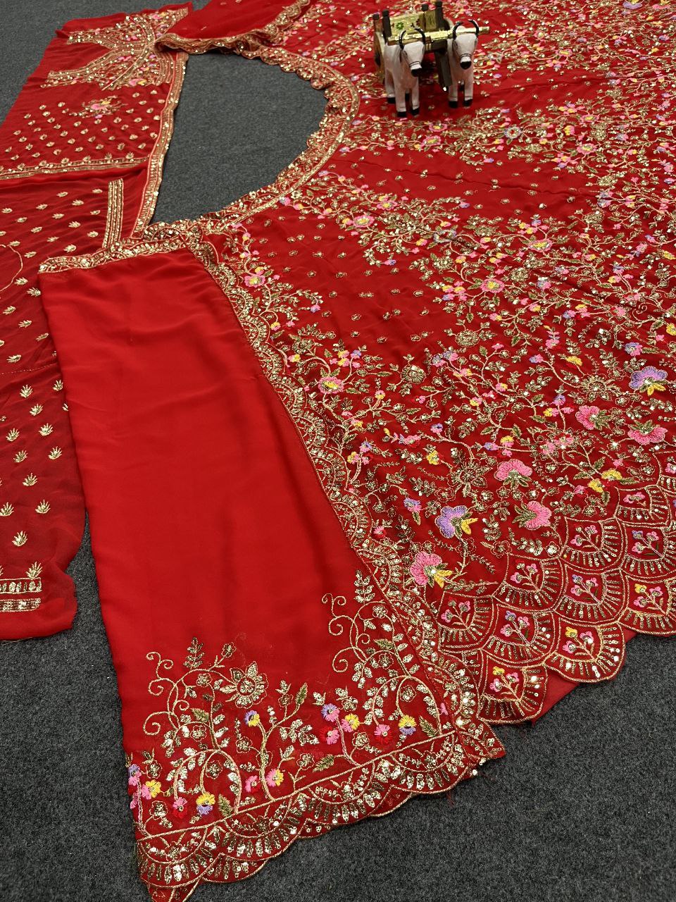 Red Velvet Heavy Embroidered Bridal Lehenga Set with Zari and Sequin Work