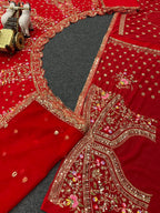 Red Velvet Heavy Embroidered Bridal Lehenga Set with Zari and Sequin Work