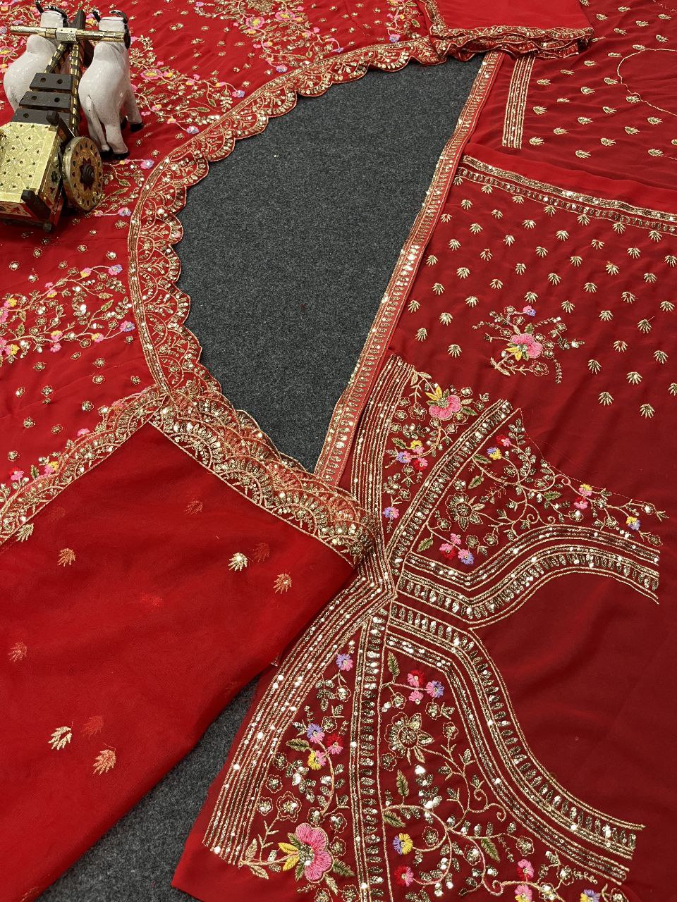 Red Velvet Heavy Embroidered Bridal Lehenga Set with Zari and Sequin Work