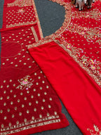 Red Velvet Heavy Embroidered Bridal Lehenga Set with Zari and Sequin Work