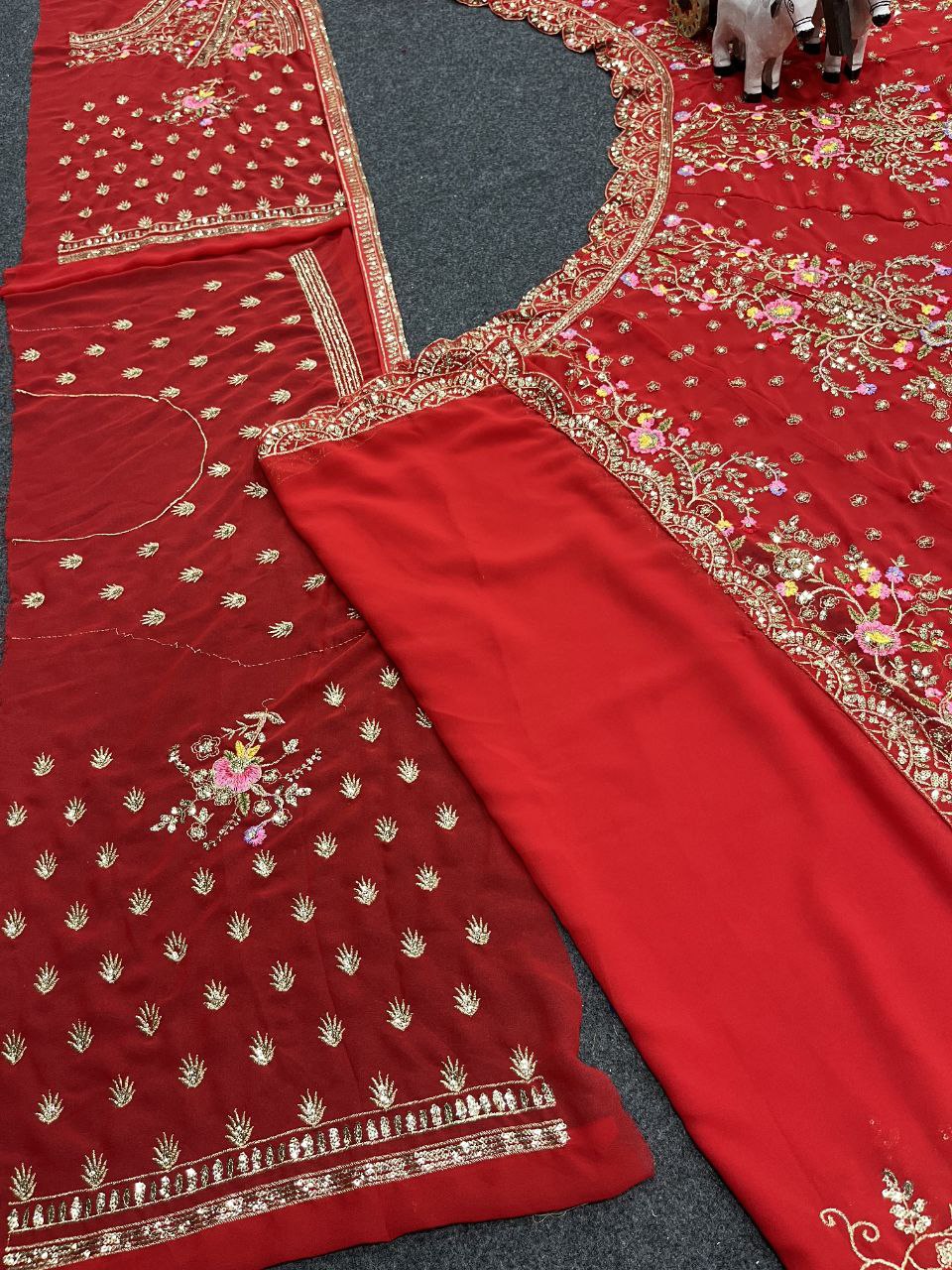 Red Velvet Heavy Embroidered Bridal Lehenga Set with Zari and Sequin Work