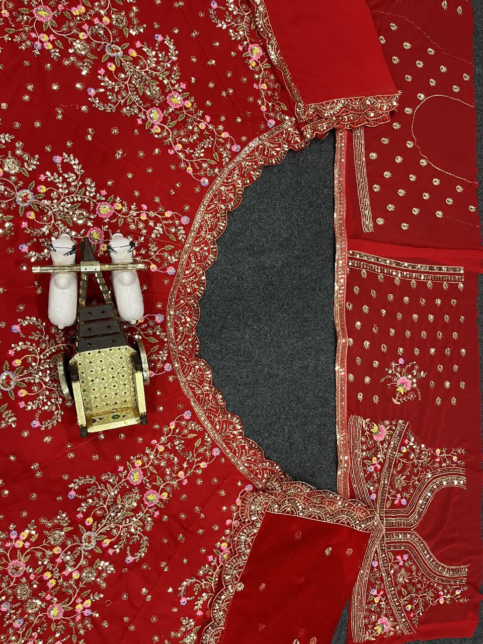 Red Velvet Heavy Embroidered Bridal Lehenga Set with Zari and Sequin Work