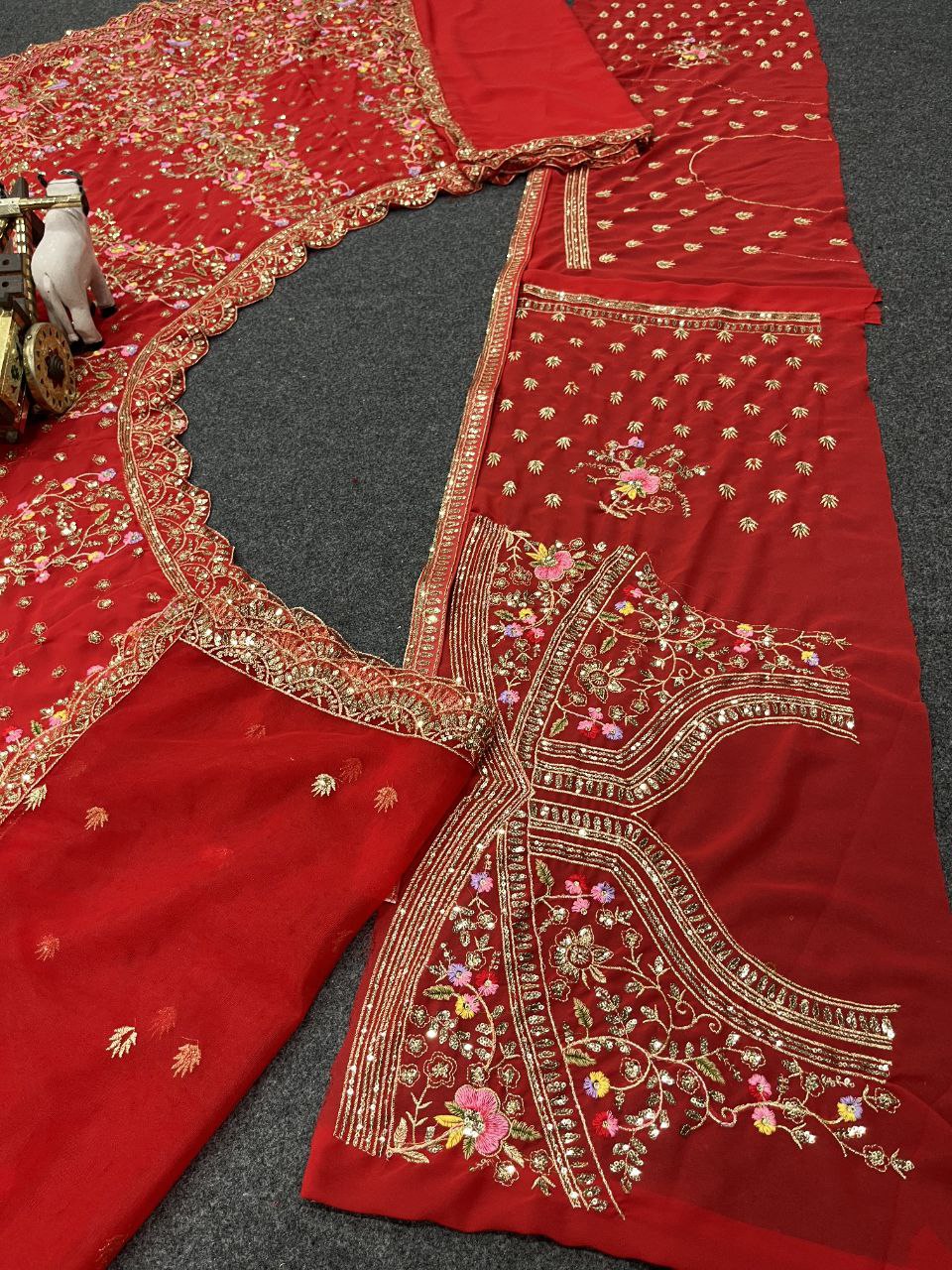 Red Velvet Heavy Embroidered Bridal Lehenga Set with Zari and Sequin Work