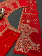 Red Velvet Heavy Embroidered Bridal Lehenga Set with Zari and Sequin Work