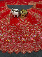 Red Velvet Heavy Embroidered Bridal Lehenga Set with Zari and Sequin Work