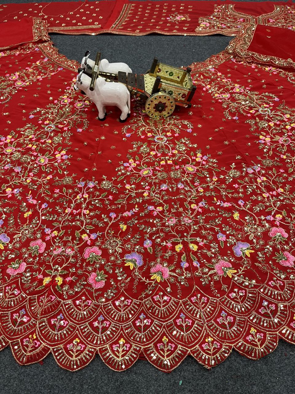 Red Velvet Heavy Embroidered Bridal Lehenga Set with Zari and Sequin Work