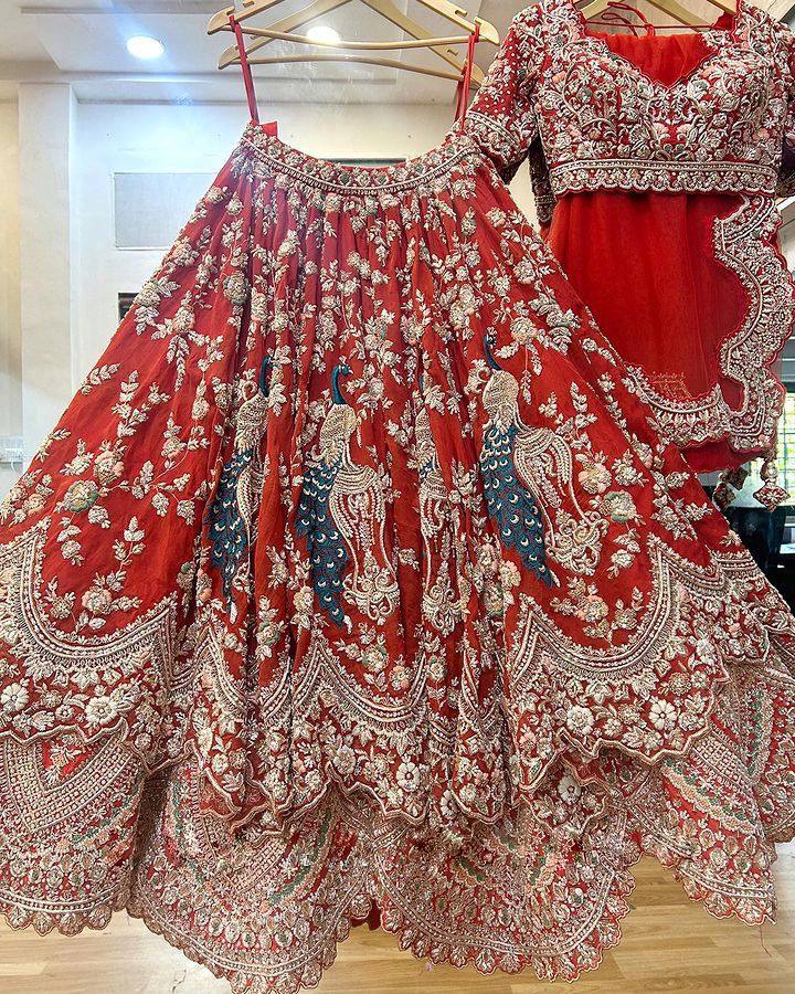 “Red Faux Georgette Lehenga with Peacock Embroidery & Sequins Work – Butterfly Net Dupatta, Blouse up to 5XL”