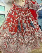 “Red Faux Georgette Lehenga with Peacock Embroidery & Sequins Work – Butterfly Net Dupatta, Blouse up to 5XL”