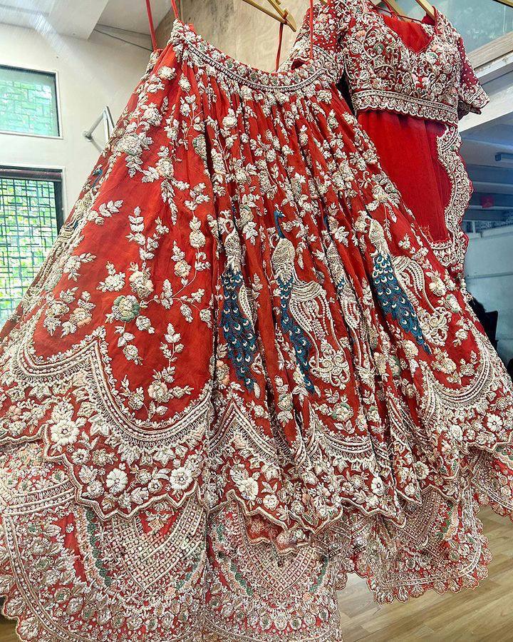 “Red Faux Georgette Lehenga with Peacock Embroidery & Sequins Work – Butterfly Net Dupatta, Blouse up to 5XL”