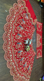 “Red Faux Georgette Lehenga with Peacock Embroidery & Sequins Work – Butterfly Net Dupatta, Blouse up to 5XL”