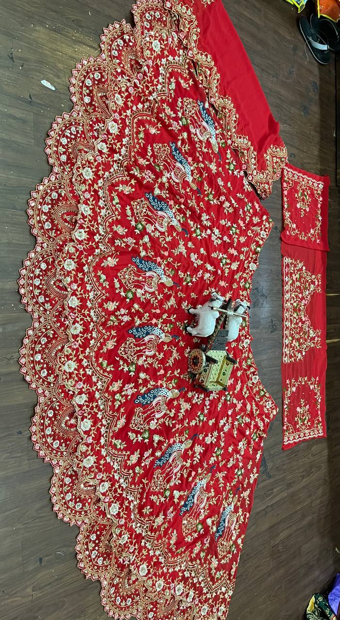 “Red Faux Georgette Lehenga with Peacock Embroidery & Sequins Work – Butterfly Net Dupatta, Blouse up to 5XL”