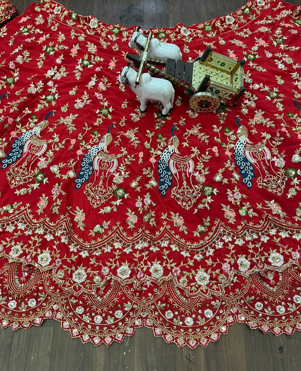 “Red Faux Georgette Lehenga with Peacock Embroidery & Sequins Work – Butterfly Net Dupatta, Blouse up to 5XL”