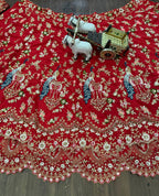 “Red Faux Georgette Lehenga with Peacock Embroidery & Sequins Work – Butterfly Net Dupatta, Blouse up to 5XL”