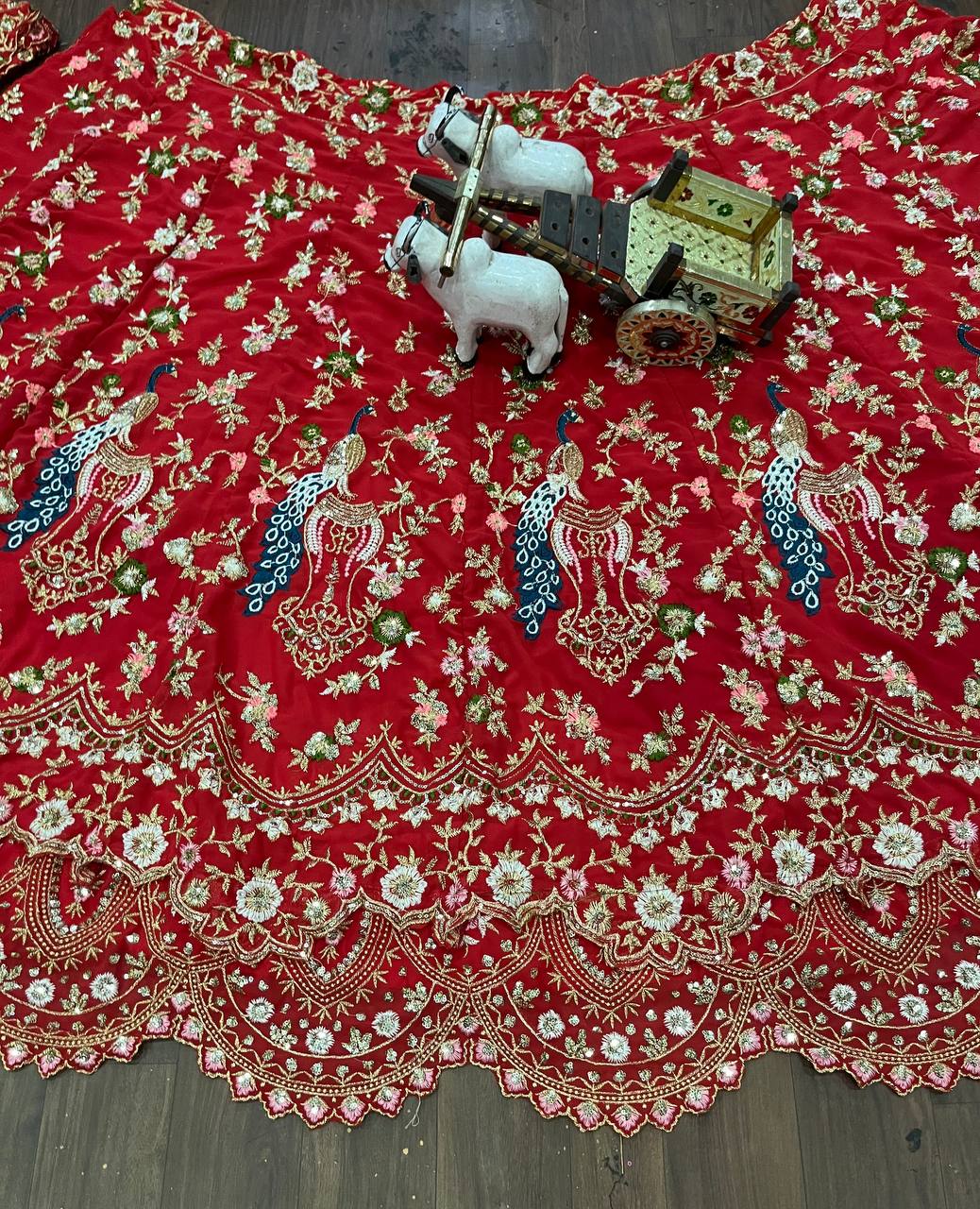 “Red Faux Georgette Lehenga with Peacock Embroidery & Sequins Work – Butterfly Net Dupatta, Blouse up to 5XL”