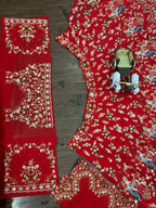 “Red Faux Georgette Lehenga with Peacock Embroidery & Sequins Work – Butterfly Net Dupatta, Blouse up to 5XL”