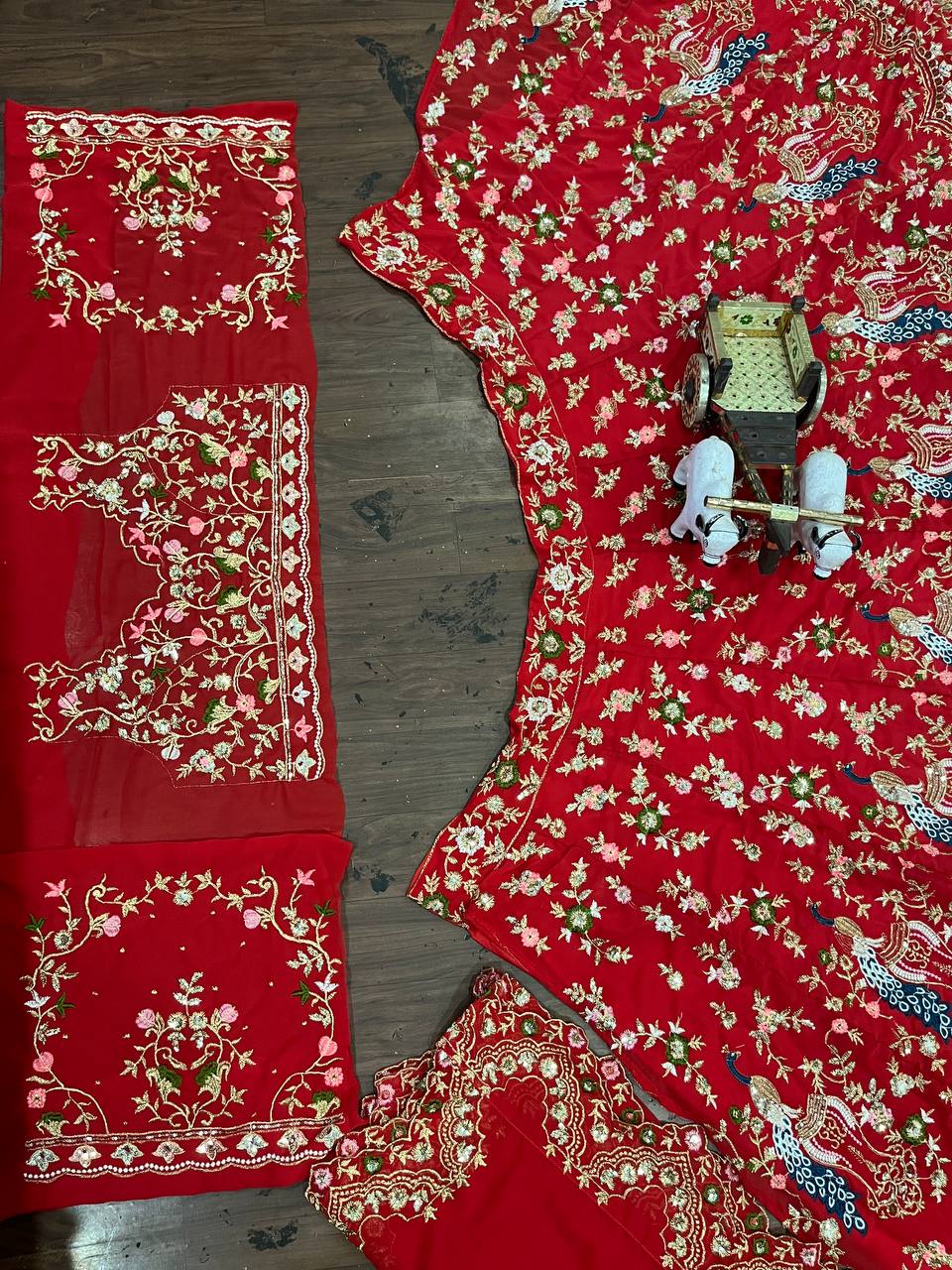 “Red Faux Georgette Lehenga with Peacock Embroidery & Sequins Work – Butterfly Net Dupatta, Blouse up to 5XL”