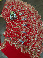“Red Faux Georgette Lehenga with Peacock Embroidery & Sequins Work – Butterfly Net Dupatta, Blouse up to 5XL”