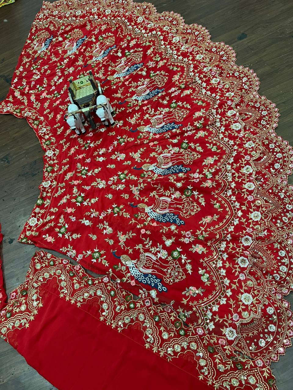 “Red Faux Georgette Lehenga with Peacock Embroidery & Sequins Work – Butterfly Net Dupatta, Blouse up to 5XL”