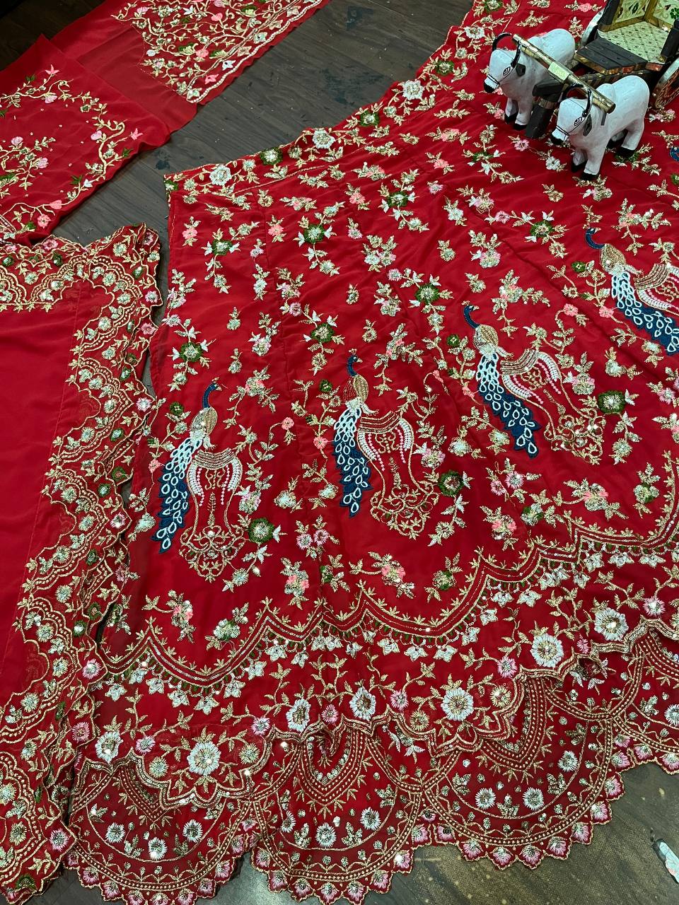 “Red Faux Georgette Lehenga with Peacock Embroidery & Sequins Work – Butterfly Net Dupatta, Blouse up to 5XL”