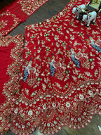 “Red Faux Georgette Lehenga with Peacock Embroidery & Sequins Work – Butterfly Net Dupatta, Blouse up to 5XL”
