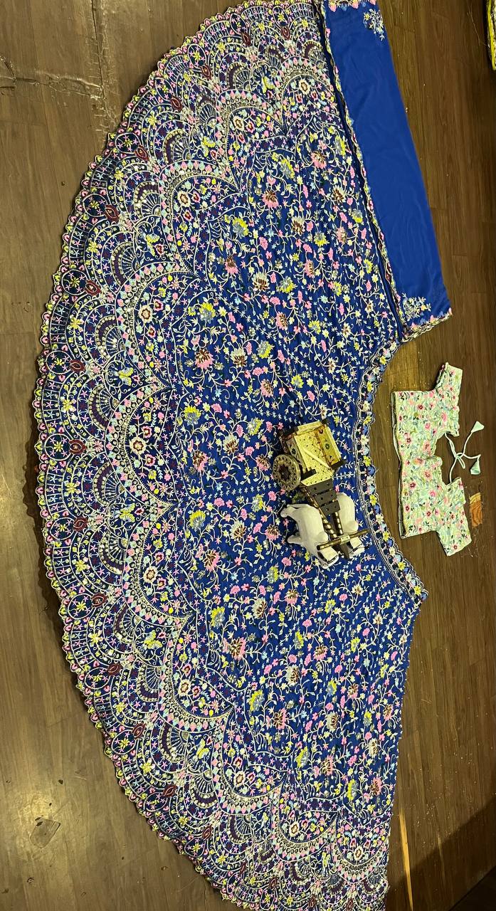 “Royal Blue Georgette Embroidered Lehenga with Multicolor Floral Work & Contrast Blouse – Length 42, Sizes up to 5XL”