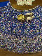 “Royal Blue Georgette Embroidered Lehenga with Multicolor Floral Work & Contrast Blouse – Length 42, Sizes up to 5XL”