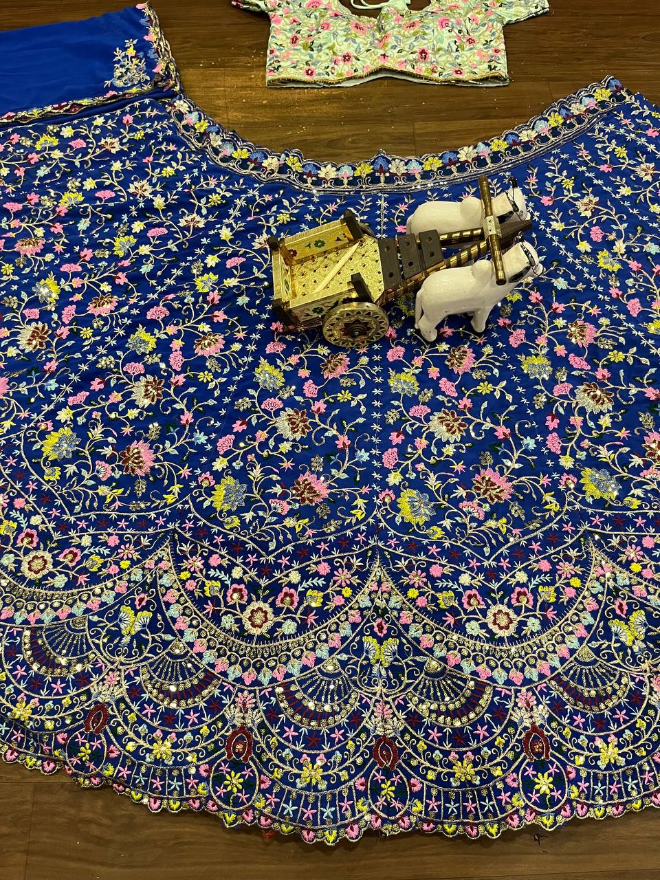 “Royal Blue Georgette Embroidered Lehenga with Multicolor Floral Work & Contrast Blouse – Length 42, Sizes up to 5XL”