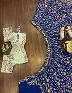 “Royal Blue Georgette Embroidered Lehenga with Multicolor Floral Work & Contrast Blouse – Length 42, Sizes up to 5XL”
