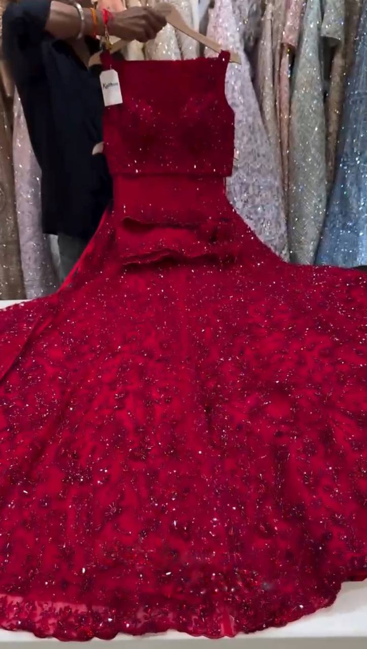 Classic Red Embroidered Lehenga Set with Sequin and Thread Floral Work