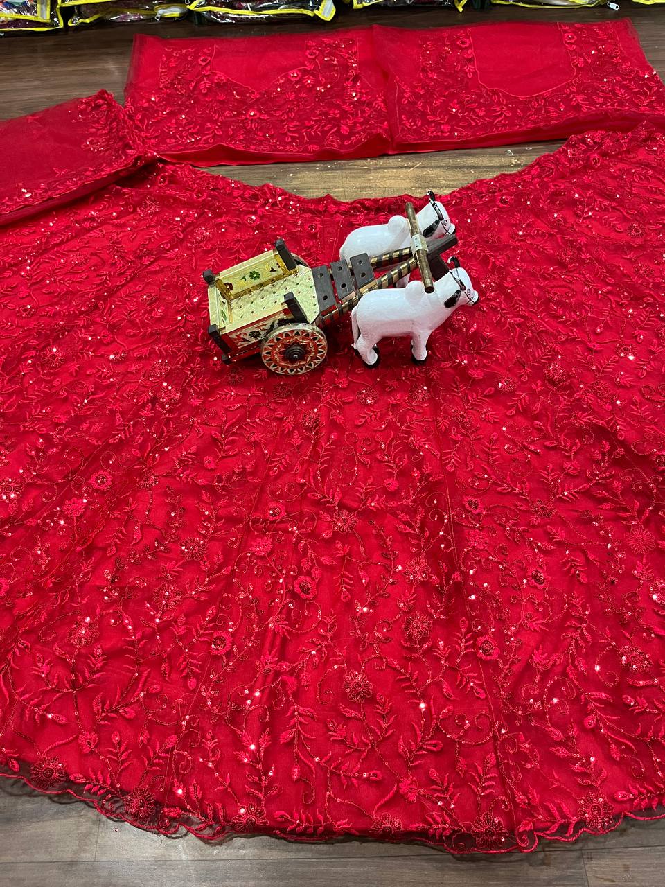 Classic Red Embroidered Lehenga Set with Sequin and Thread Floral Work