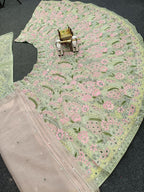 Mint Green Floral Embroidered Net Lehenga Set with Mirror and Thread Work