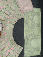 Mint Green Floral Embroidered Net Lehenga Set with Mirror and Thread Work