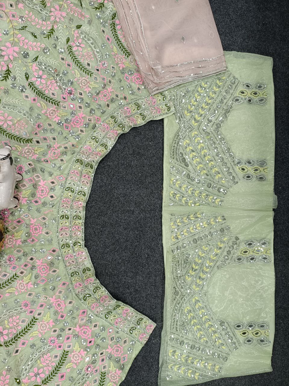 Mint Green Floral Embroidered Net Lehenga Set with Mirror and Thread Work