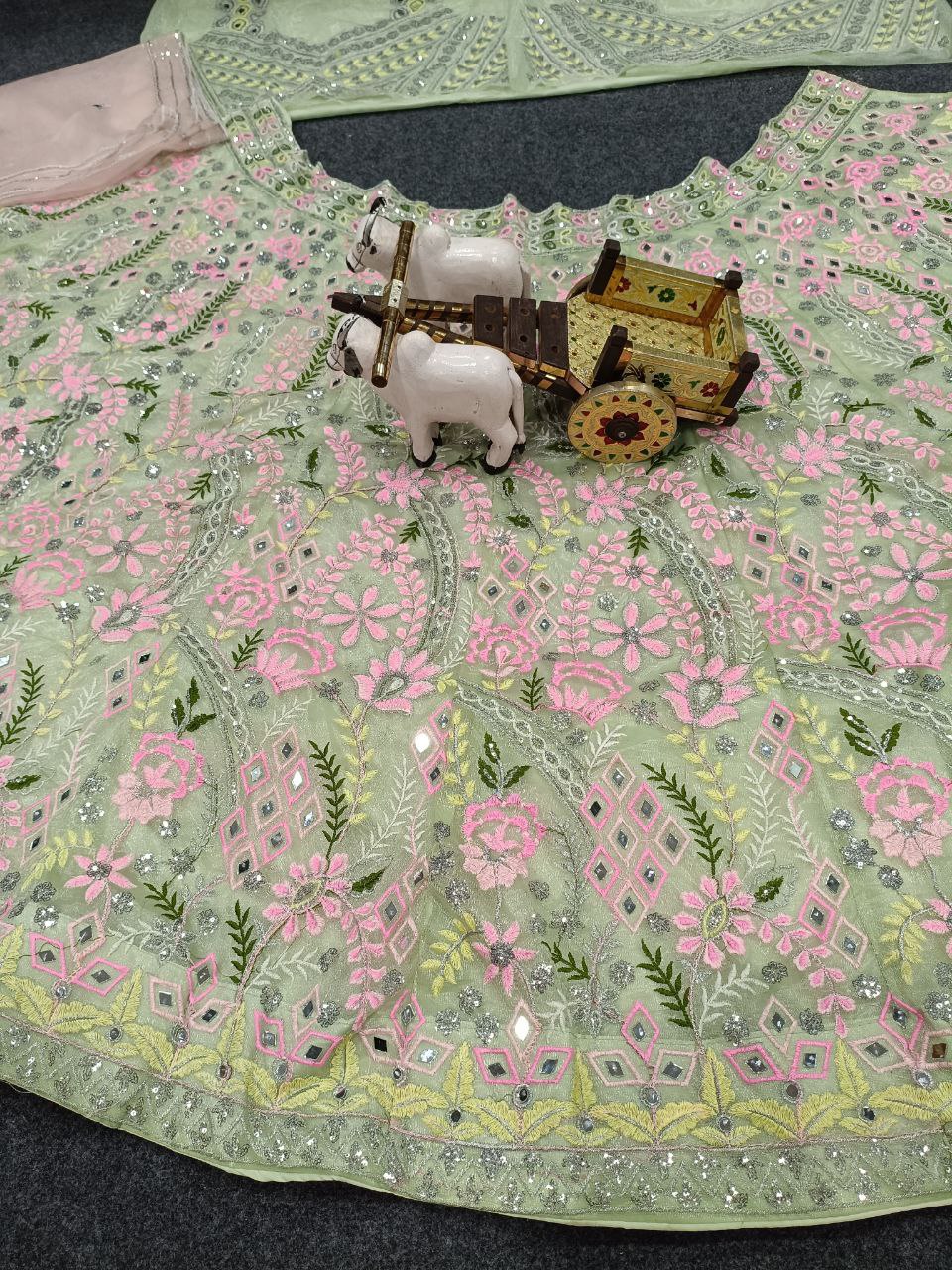 Mint Green Floral Embroidered Net Lehenga Set with Mirror and Thread Work