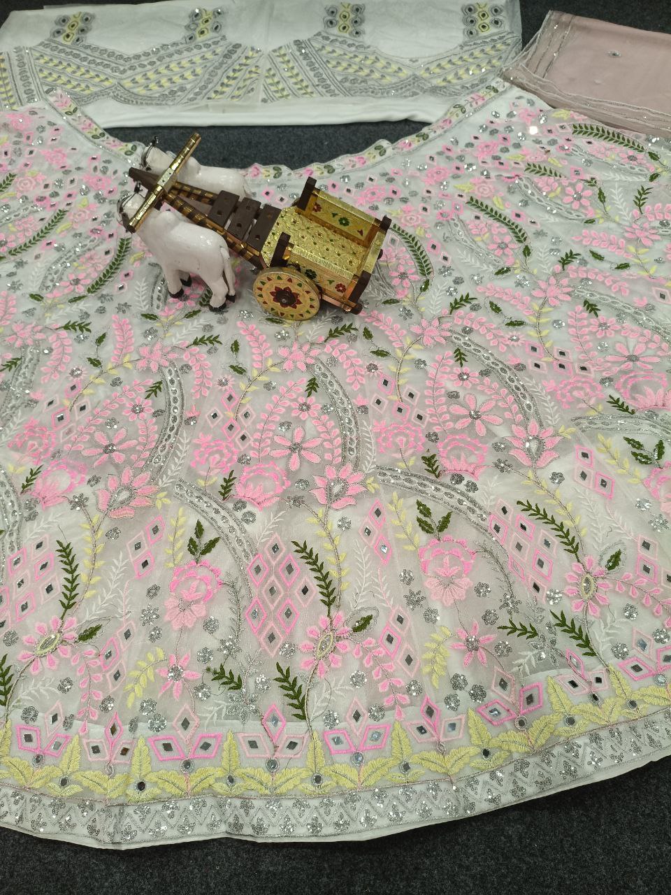 Floral Embroidered Net Lehenga Set with Mirror Work