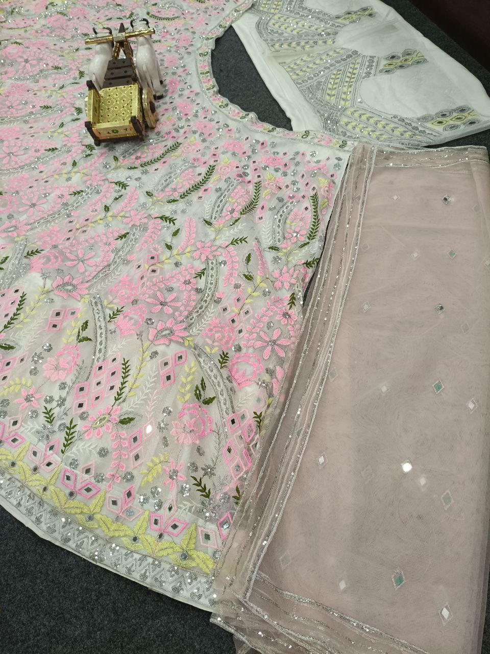 Floral Embroidered Net Lehenga Set with Mirror Work