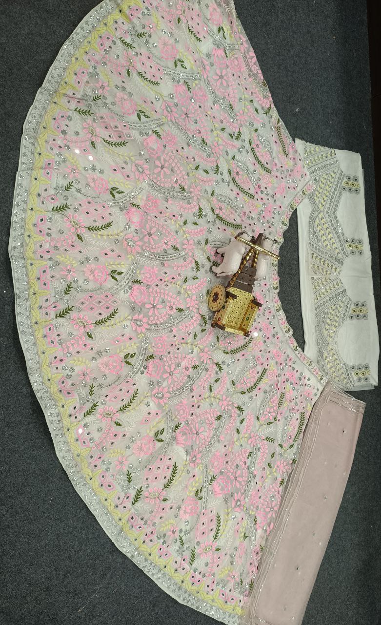 Floral Embroidered Net Lehenga Set with Mirror Work