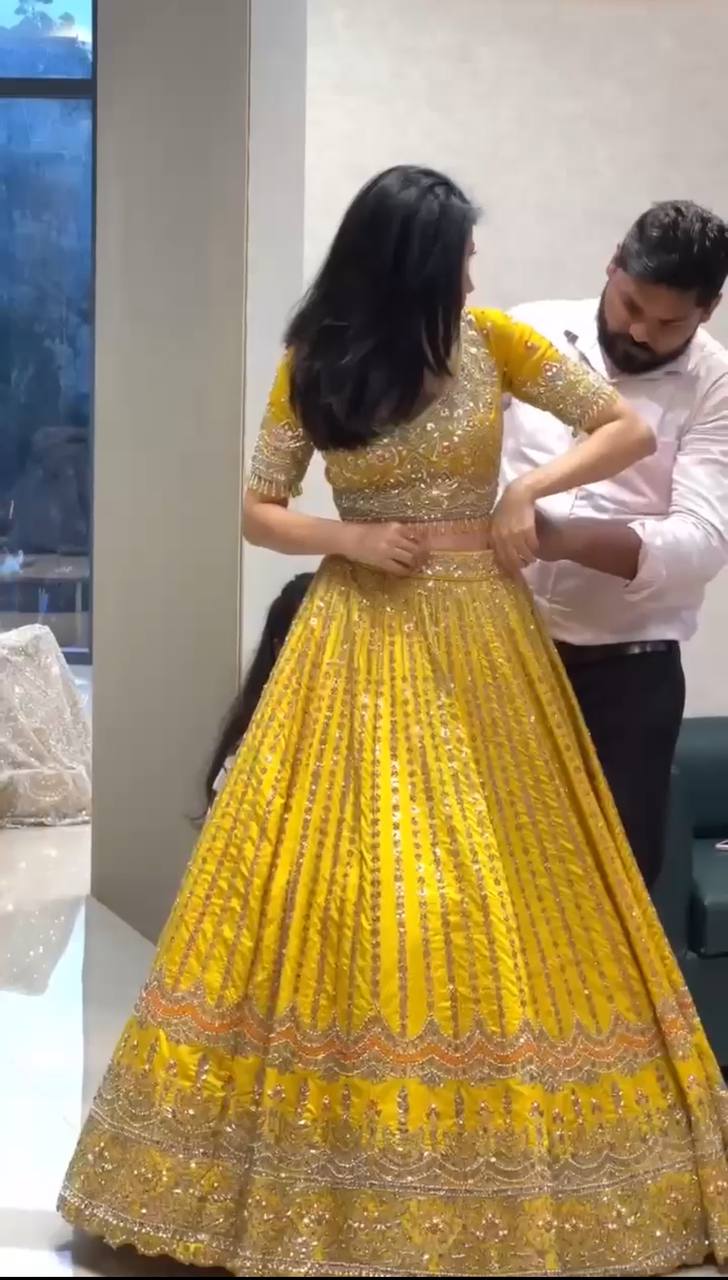 Yellow Mirror and Sequin Embroidered Georgette Lehenga Set
