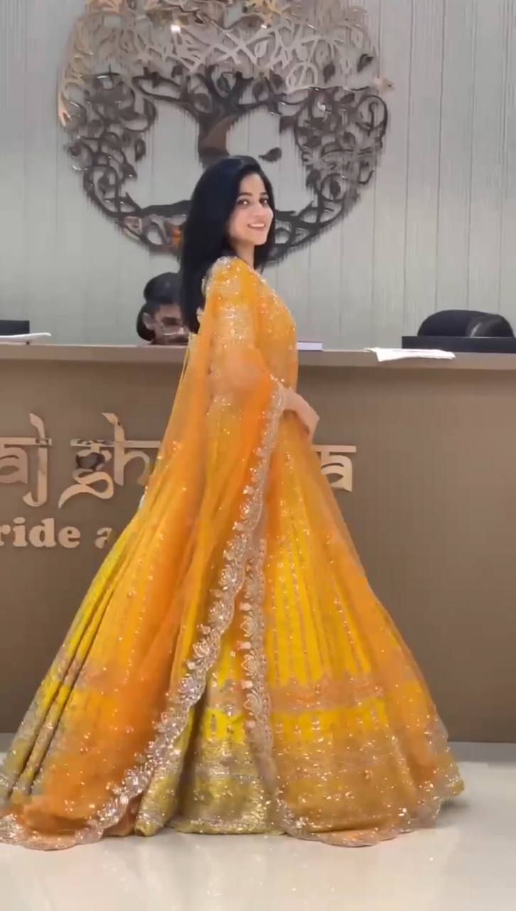 Yellow Mirror and Sequin Embroidered Georgette Lehenga Set