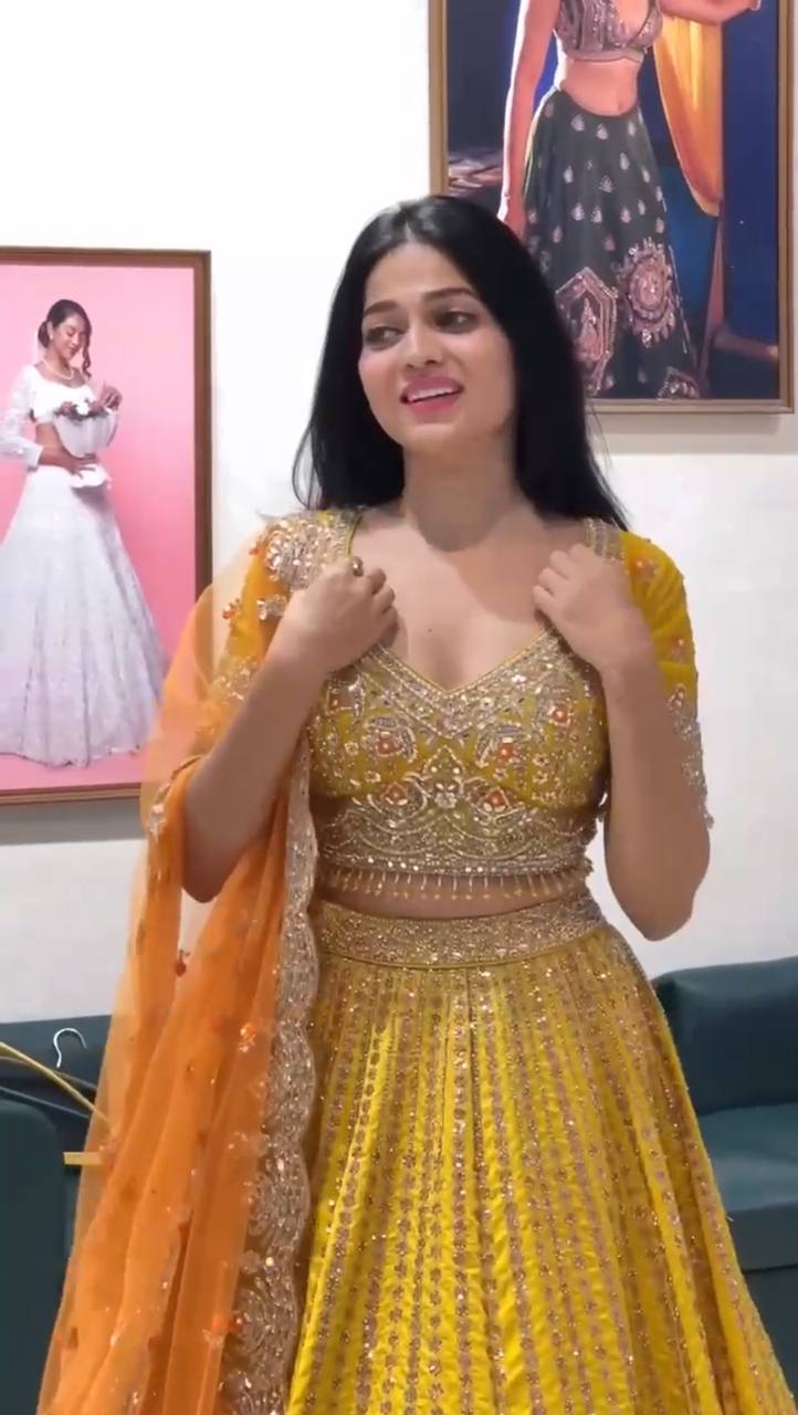 Yellow Mirror and Sequin Embroidered Georgette Lehenga Set