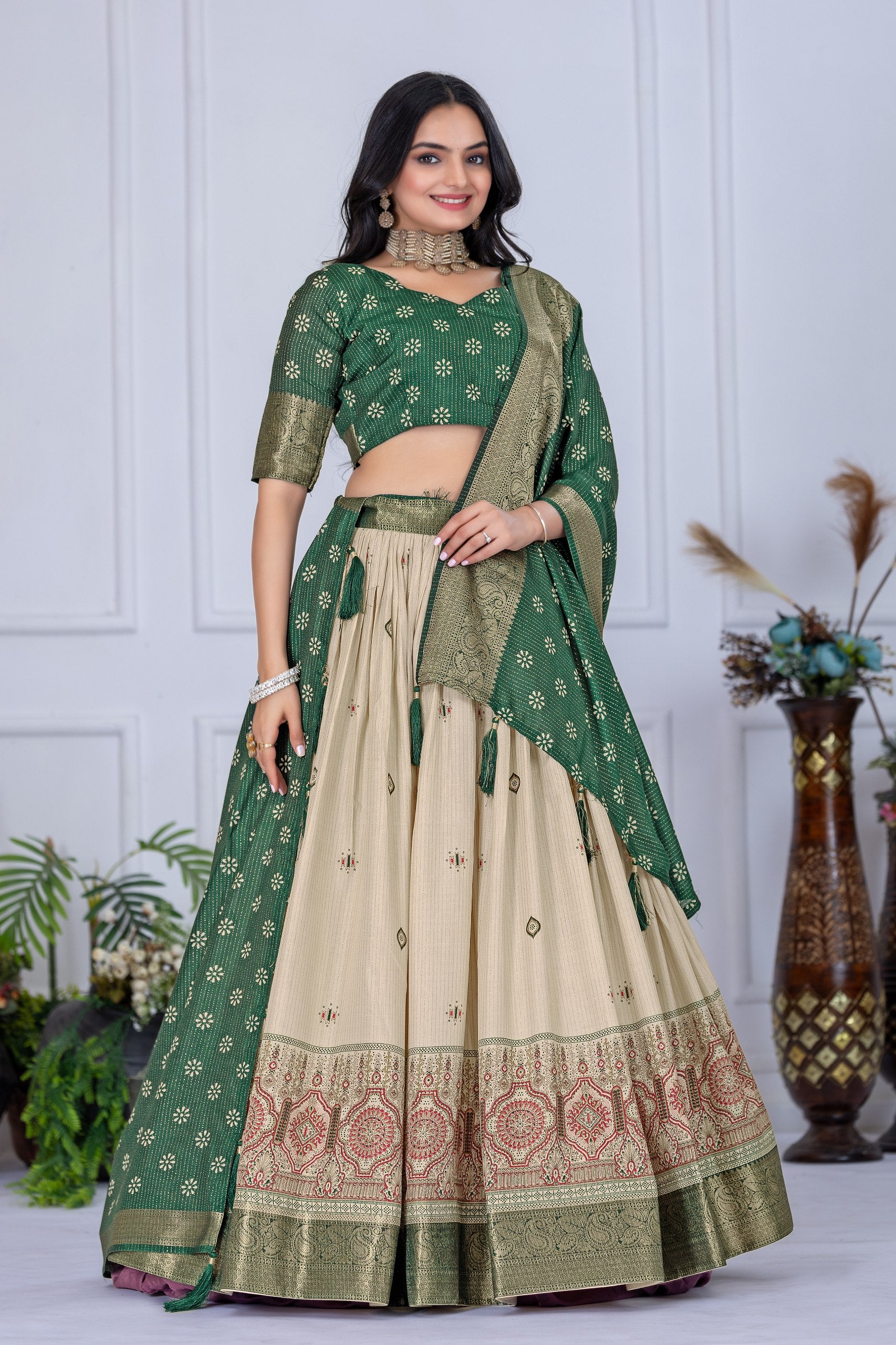 "Heavy Lichi Jacquard Lehenga Set with Zari Work (Stitched Upto Size 44) | Wedding & Festive Wear | 3.8m Flair"