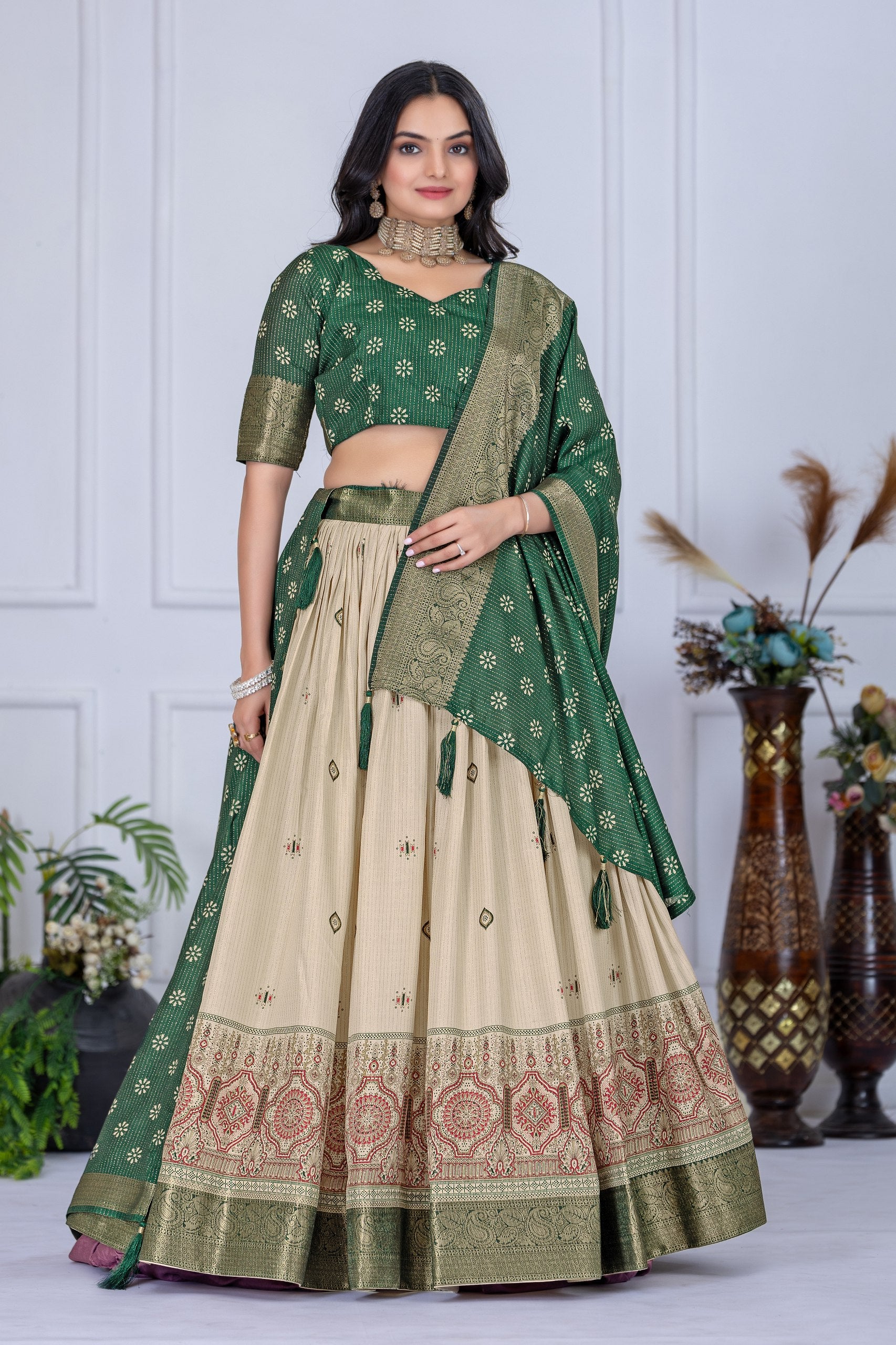 "Heavy Lichi Jacquard Lehenga Set with Zari Work (Stitched Upto Size 44) | Wedding & Festive Wear | 3.8m Flair"