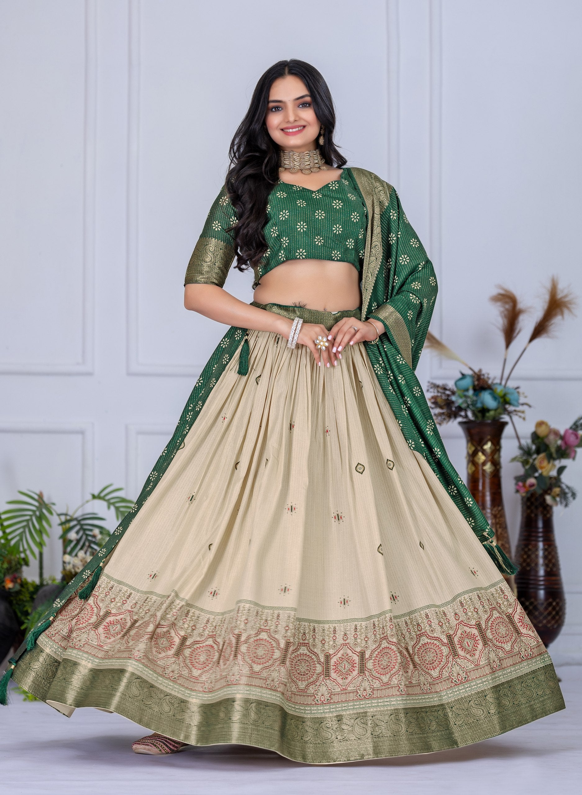 "Heavy Lichi Jacquard Lehenga Set with Zari Work (Stitched Upto Size 44) | Wedding & Festive Wear | 3.8m Flair"