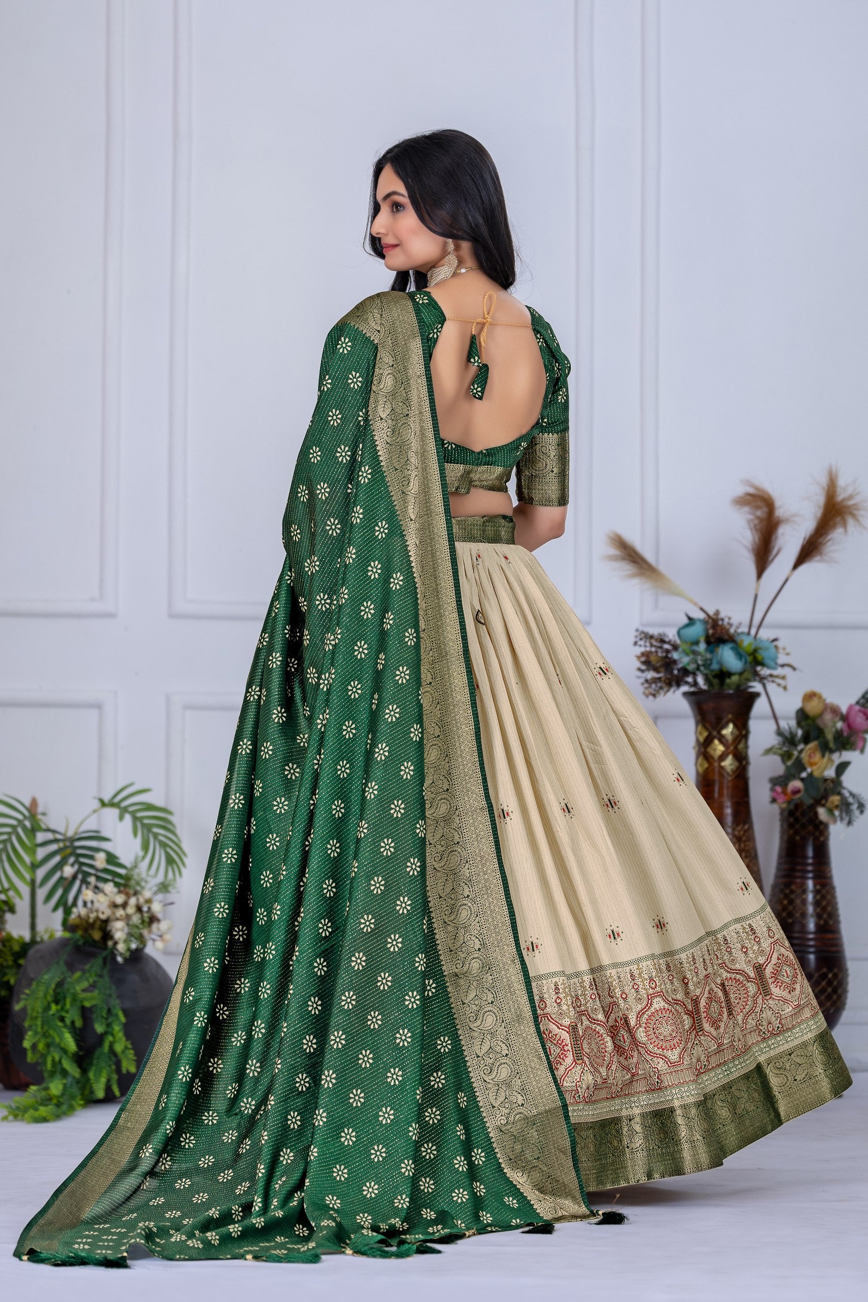 "Heavy Lichi Jacquard Lehenga Set with Zari Work (Stitched Upto Size 44) | Wedding & Festive Wear | 3.8m Flair"