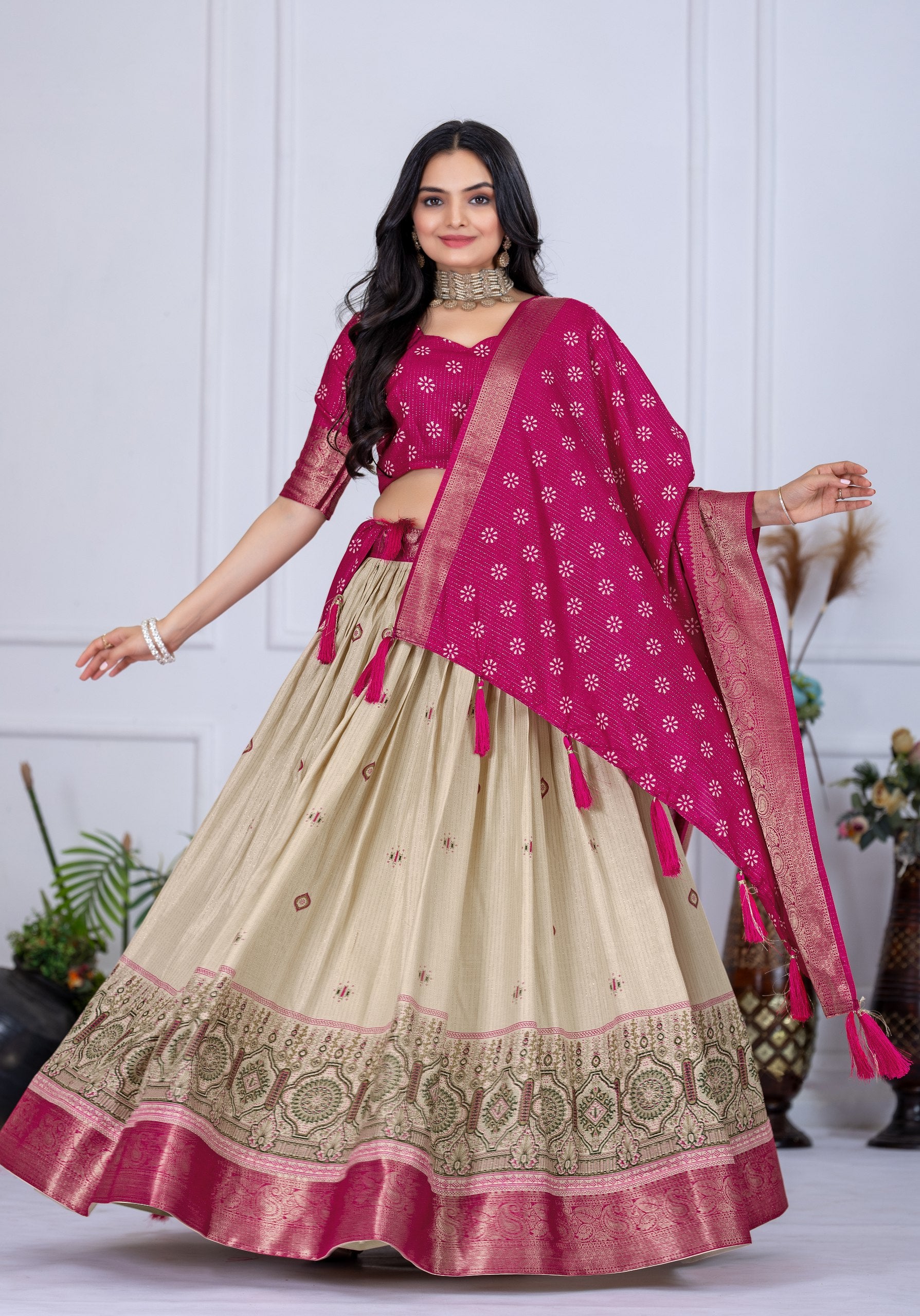 "Heavy Lichi Jacquard Lehenga Set with Zari Work (Stitched Upto Size 44) | Wedding & Festive Wear | 3.8m Flair"