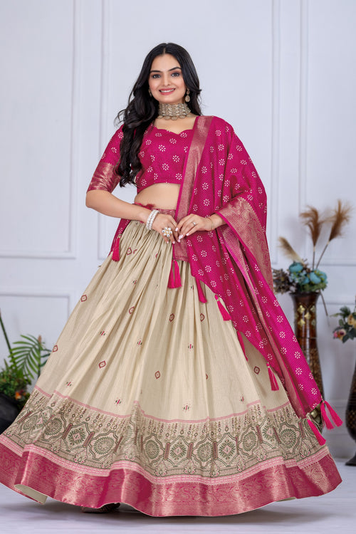 "Heavy Lichi Jacquard Lehenga Set with Zari Work (Stitched Upto Size 44) | Wedding & Festive Wear | 3.8m Flair"