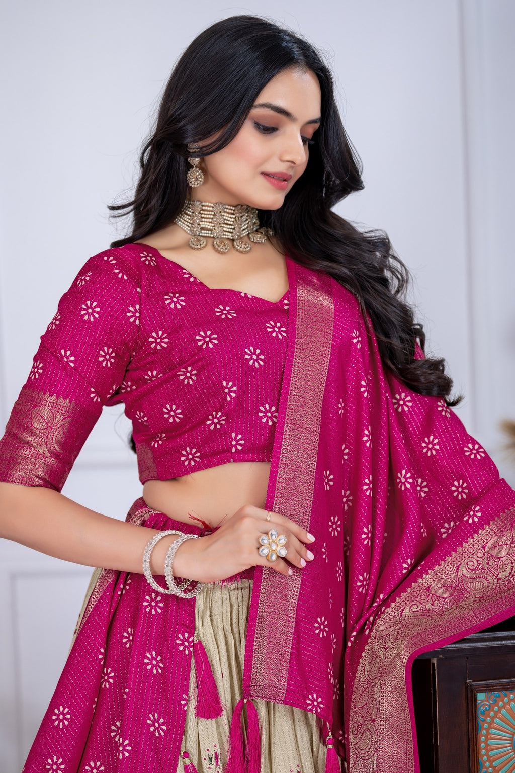 "Heavy Lichi Jacquard Lehenga Set with Zari Work (Stitched Upto Size 44) | Wedding & Festive Wear | 3.8m Flair"