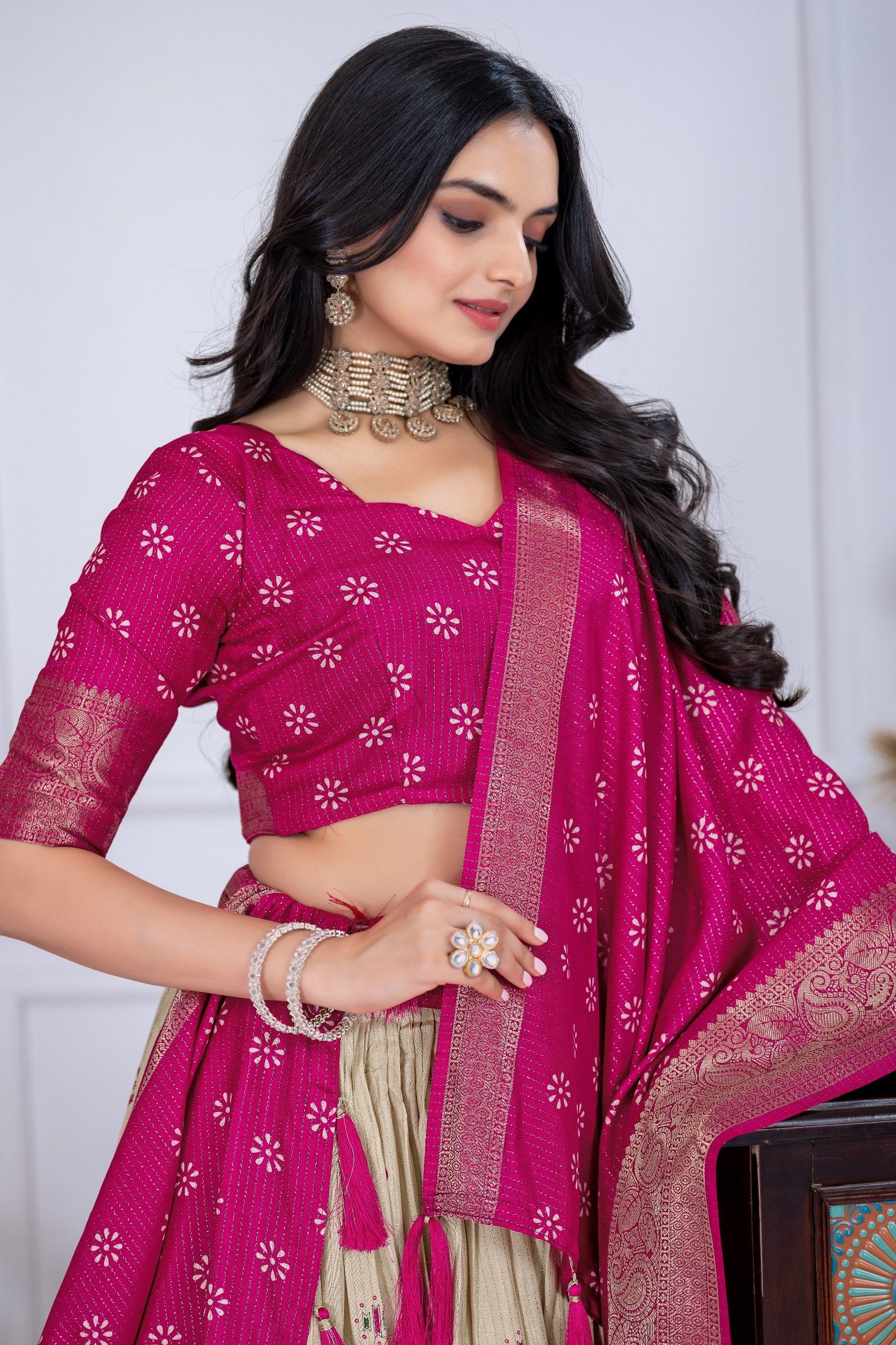 "Heavy Lichi Jacquard Lehenga Set with Zari Work (Stitched Upto Size 44) | Wedding & Festive Wear | 3.8m Flair"