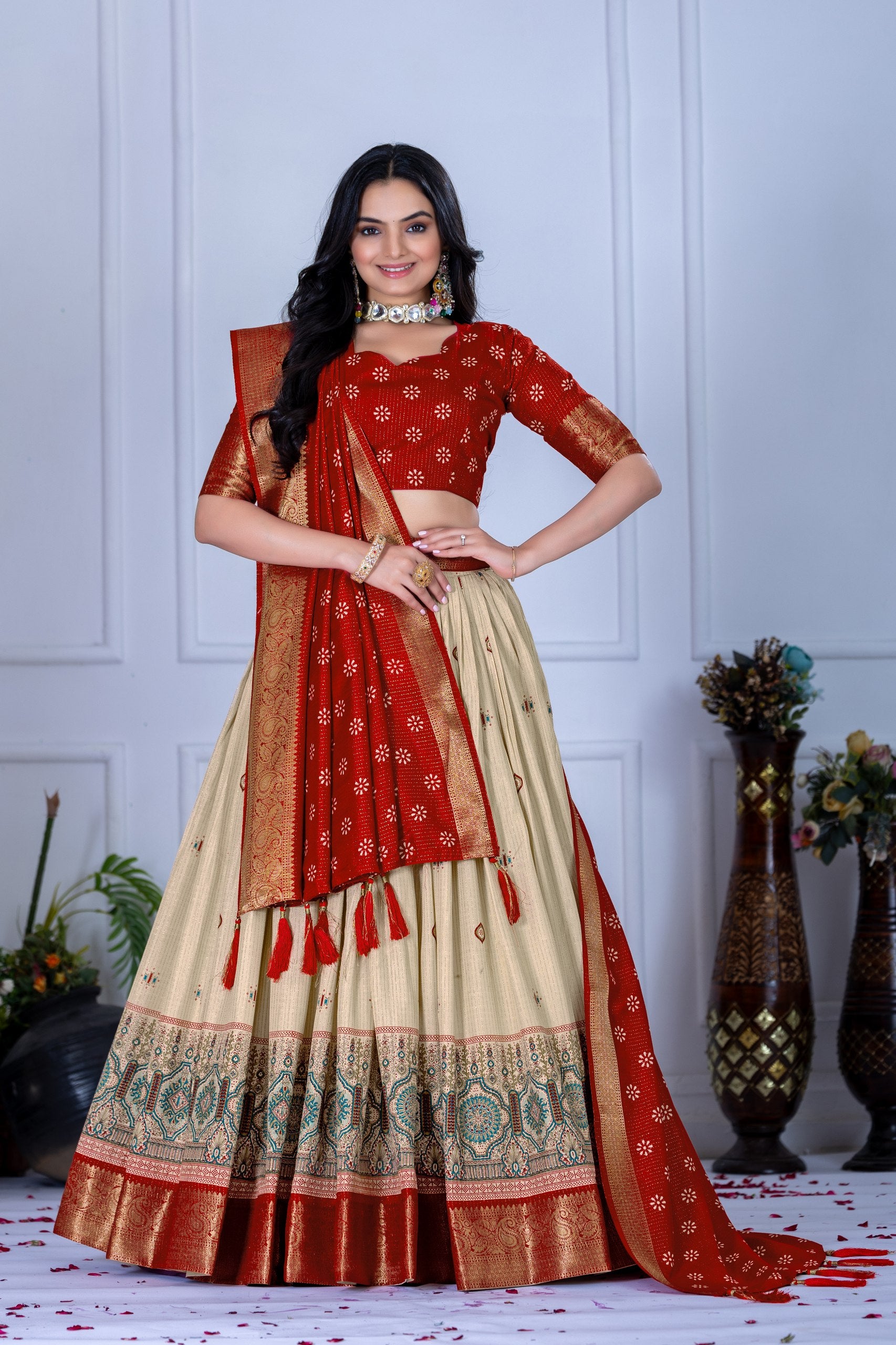 "Heavy Lichi Jacquard Lehenga Set with Zari Work (Stitched Upto Size 44) | Wedding & Festive Wear | 3.8m Flair" (Copy)