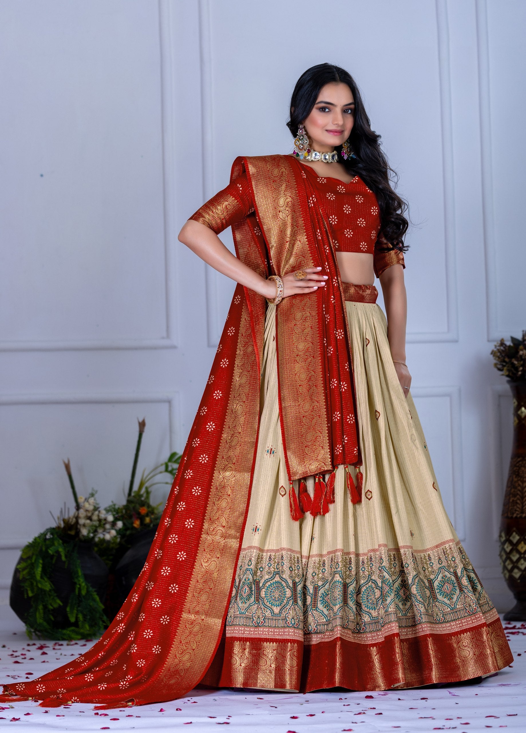"Heavy Lichi Jacquard Lehenga Set with Zari Work (Stitched Upto Size 44) | Wedding & Festive Wear | 3.8m Flair" (Copy)